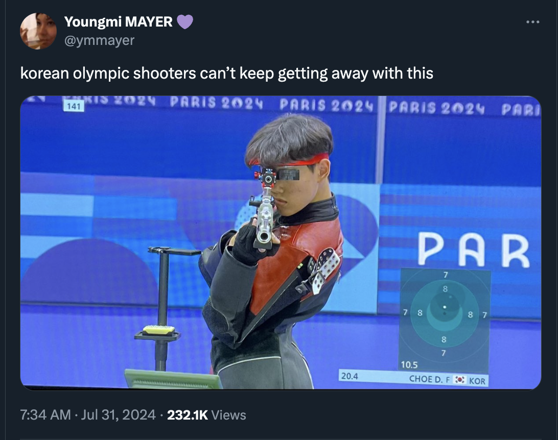 Olympic Games Paris 2024 - Youngmi Mayer korean olympic shooters can't keep getting away with this 141 Kis 2024 Paris 2024 Paris 2024 Paris 2024 Pari Not Moto Views Beee Be 20.4 Par 78 8 89 10.5 Choe D. F Kor